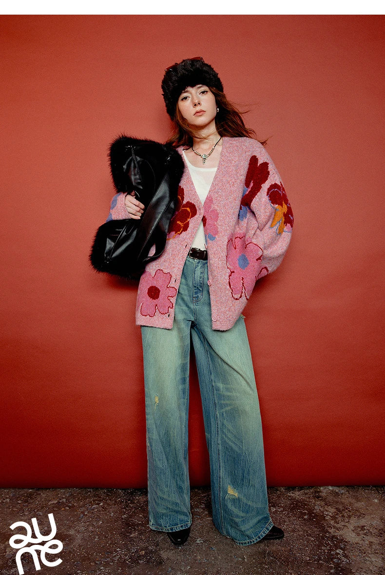 Women’s Floral Jacquard Knit Cardigan Coat – V-Neck Button Front Office-Style Jacket for Spring & Fall