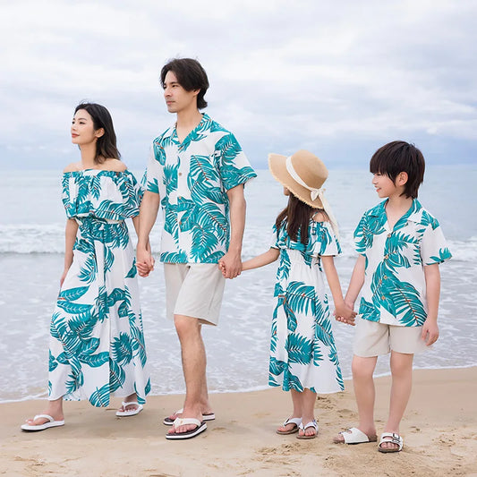 Beach Ware Clothes for Family Shirts Set Vacation Long Mother and Daughter Blue Dress for The Sea Resorts Look Father Son Outfit - HER SHOP