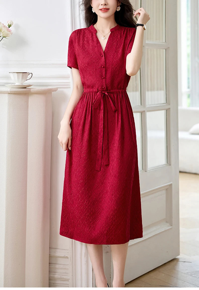 19 Momme Real Silk Elegant Fashion Dresses For Women 2026 Summer V-neck Short Sleeve Drawstring Office Lady Long Dress A-line
