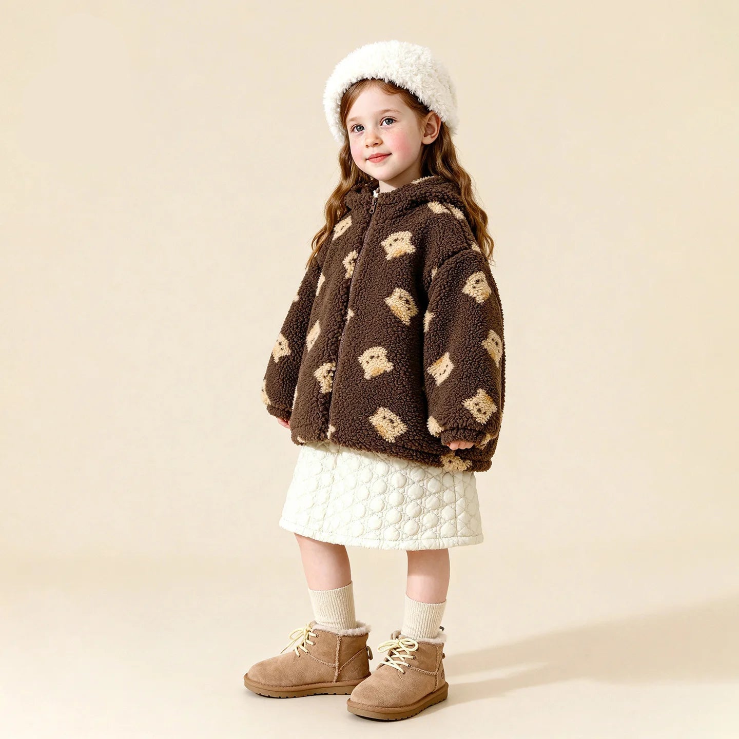 Child wearing a brown hoodie with bear patterns, white skirt, and beige boots on a beige background with Amila logo.