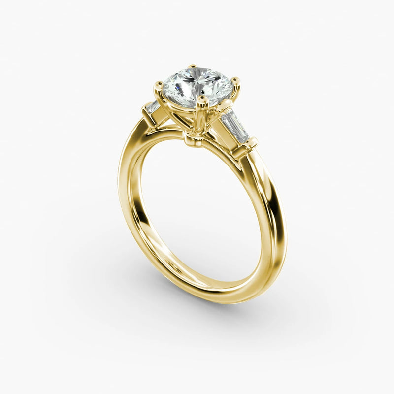 Custom Elegant Three-Stone Synthetic Diamond Engagement Ring in 18K Gold with Tapered Baguette Side Stones for Women