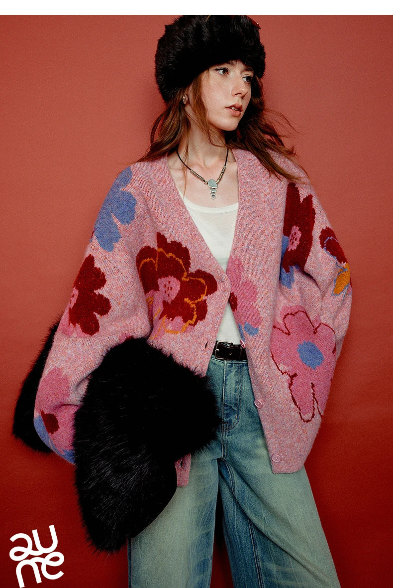 Women’s Floral Jacquard Knit Cardigan Coat – V-Neck Button Front Office-Style Jacket for Spring & Fall