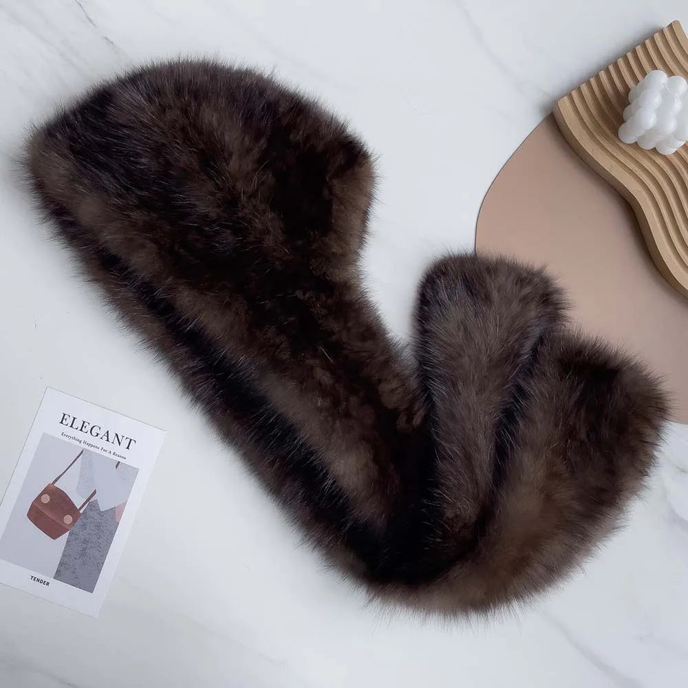 2025 Lady Real Sable Fur Hat Scarf Winter Warm Fluffy 100% Natural Sable Fur Hat Scarves Women Knitted Genuine Fur Cap Shawl