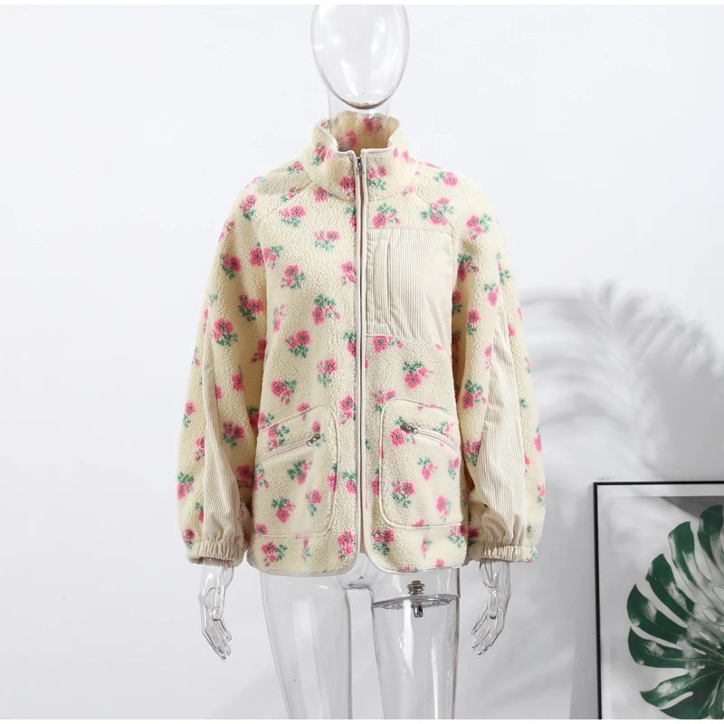Retro Printed Plush Zipper Short Jacket Women Casual Loose High Neck Pocket Jackets Coat Lady 2025 Versatile Chic Street Outwear