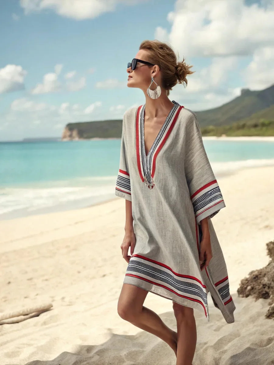 Vintage Striped Sexy V-Neck Summer Dress – Women's Short Sleeve Beach & Vacation Style