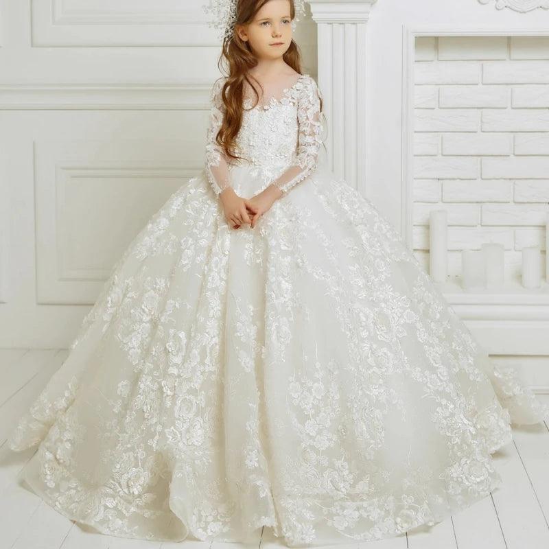 Ivory Flower Girl Dress - Luxurious Lace & Floral Appliques, Long Sleeve, Perfect for Wedding, Prom, Party, Pageant Gowns - HER SHOP