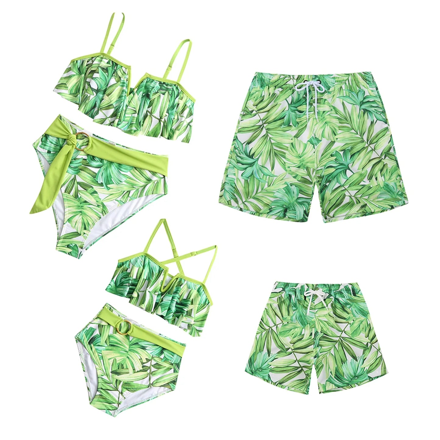 Leaf Print Swimwear Family Matching Outfits Look Mother Daughter Bikini Swimsuits Mommy and Me Clothes Dad Son Swimming Trunks