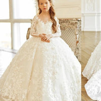 Ivory Flower Girl Dress - Luxurious Lace & Floral Appliques, Long Sleeve, Perfect for Wedding, Prom, Party, Pageant Gowns