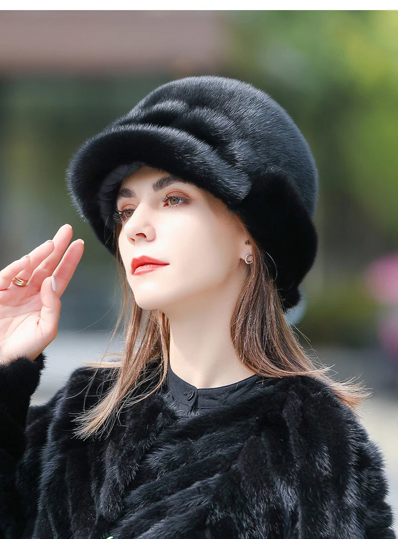 Real Mink Fur Hat for Women – Winter Thickened Whole Mink Fur Fisherman Hat with Ear Protection