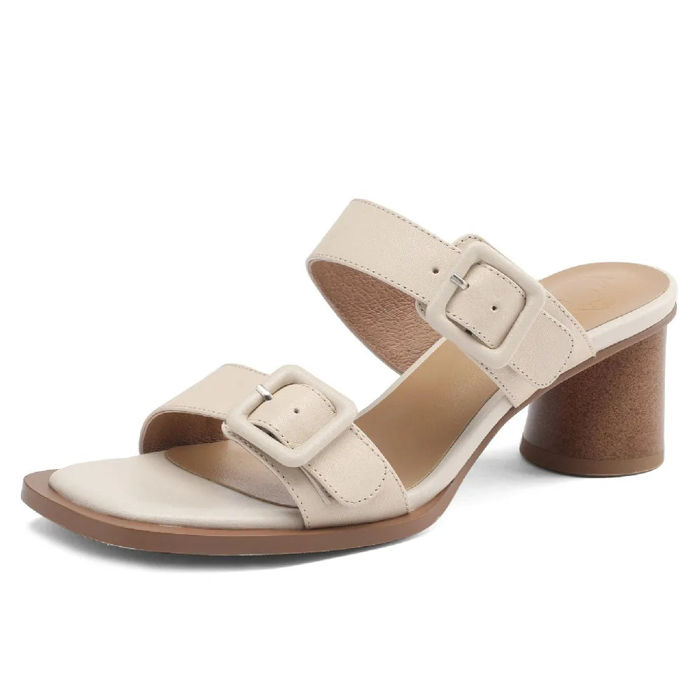 Women’s Cow Leather Slip-On Sandals – Double Metal Belt 5.5cm Chunky Heel Elegant Summer Slides