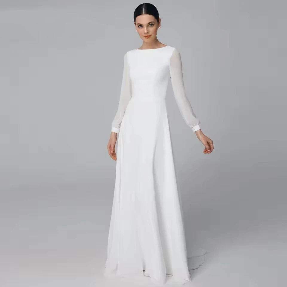 Exquisite Ivory A-Line Wedding Dress – O-Neck Satin Chiffon Floor-Length Bridal Gown | Custom-Made 2025 Design - HER SHOP