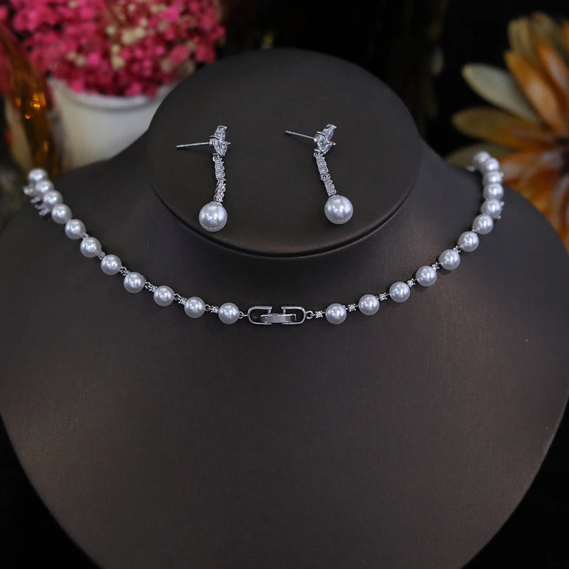 Pearl Necklace For Women Luxury High Quality Flower Shape 2 Pieces Clear Cubic Zircon Female Jewelry Sets Wedding Party Gifts