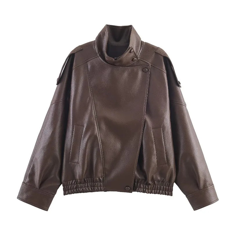 Trendy Solid PU Leather Moto Jacket for Women – Winter 2025 Turtleneck Retro Asymmetrical Vintage Coat
