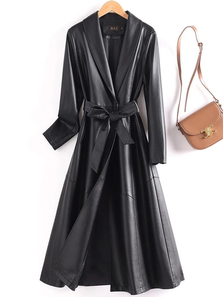 New Elegant Women’s Split Leather Trench Coat | Slim Waist Belted Long Coat with Suit Collar | Spring & Autumn Fashion Casual Outerwear