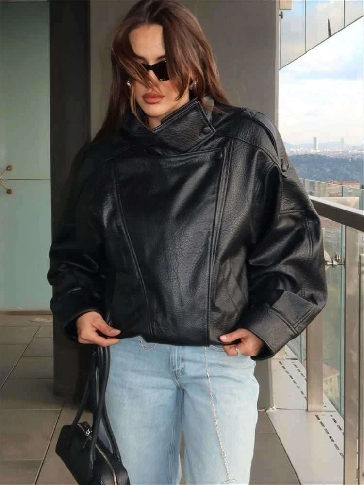 Trendy Solid PU Leather Moto Jacket for Women – Winter 2025 Turtleneck Retro Asymmetrical Vintage Coat