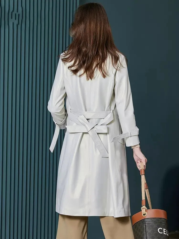 Women's Luxury Genuine Sheepskin Leather Long Trench Coat – Elegant Slim Fit White Belted Windbreaker for Autumn Office