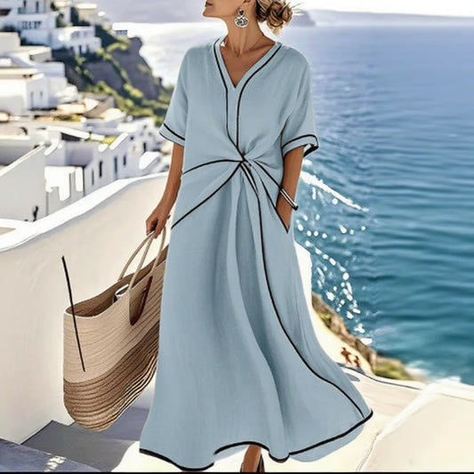 Elegant Striped Print V-Neck Maxi Dress – Short Sleeve Boho Casual Summer Beach A-Line - HER SHOP