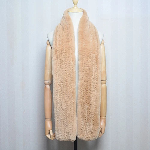 Women's Real Rex Rabbit Fur Knitted Winter Scarf– Luxury Wrap & Neck Warmer 170cm