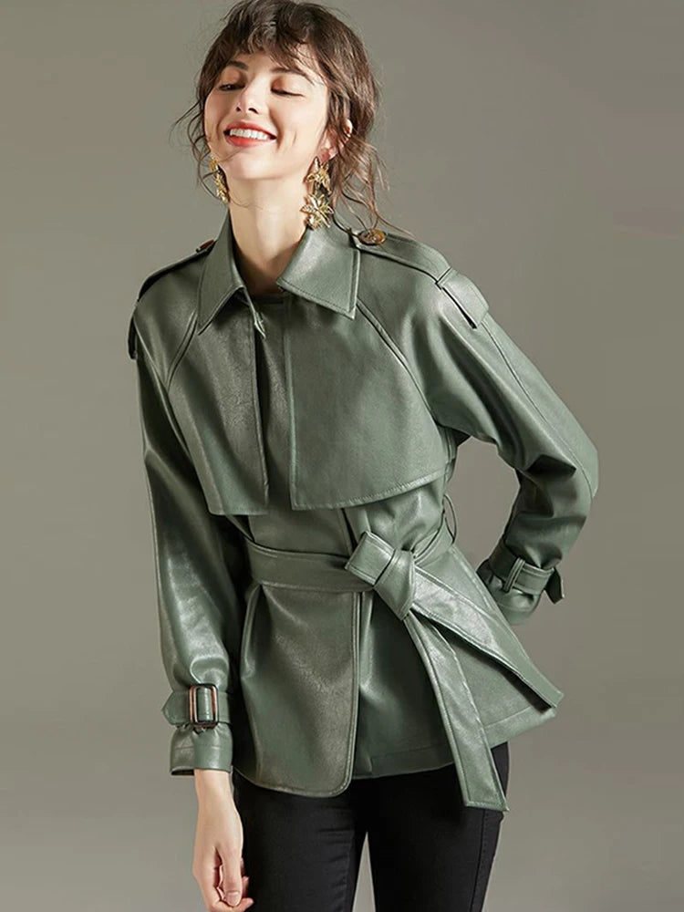 Women'sFaux Leather PU Jacket  –  Green Lapel Belted Coat, Loose Office Lady Outwear - HER SHOP
