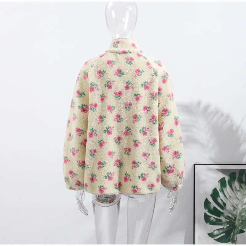 Retro Printed Plush Zipper Short Jacket Women Casual Loose High Neck Pocket Jackets Coat Lady 2025 Versatile Chic Street Outwear