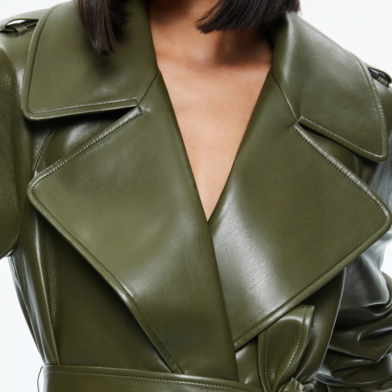 Long Sheepskin Leather Windbreaker Coat  –  Green, Loose Fit, Stylish Women'sOuterwear for Spring & Autumn