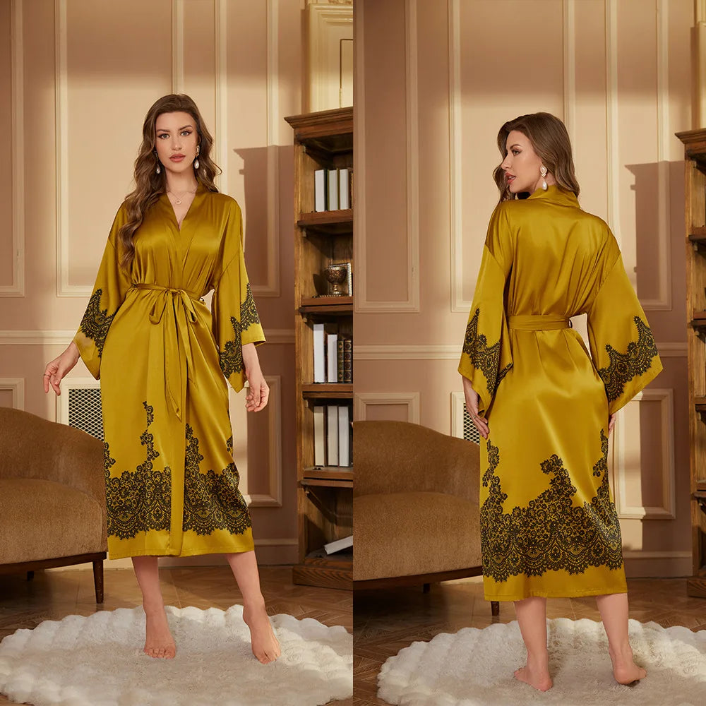 Women’s Satin Long Robe – Elegant Silky Dressing Gown with Belt | Spring & Autumn Pajama Robe - HER SHOP