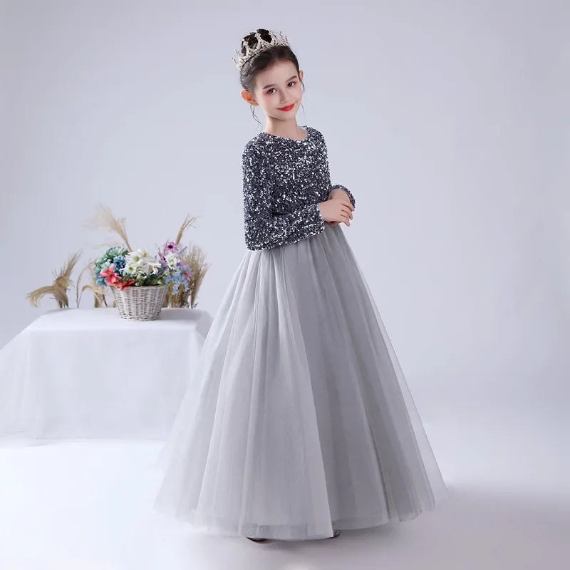 Customized Glitter Sequin Long-Sleeve Flower Girl Dress