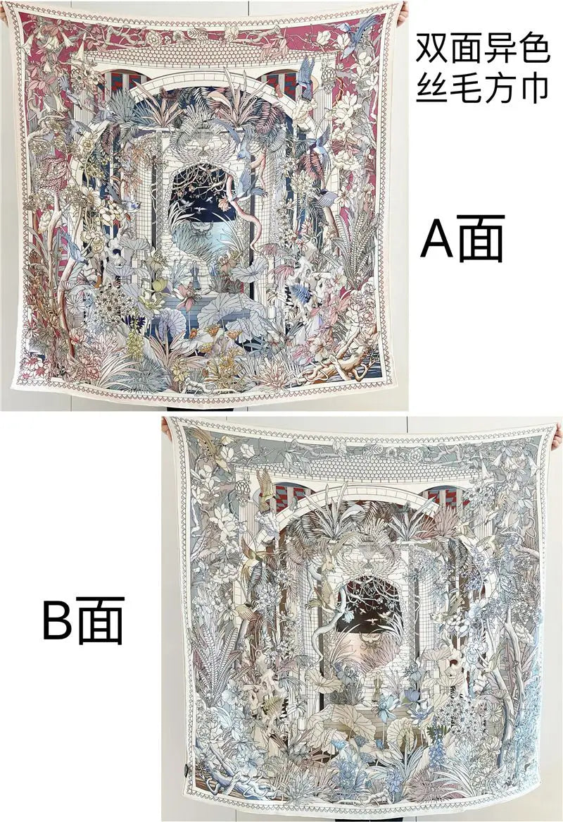 Women’s Large Square Wool & Silk Blanket Scarf – Double-Sided Printed Shawl Cape, 130×130cm