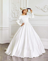 White Elegant Flower Girl Dress for Wedding Satin Floor Length Full Sleeves Kids First Communion Pageant Party Birthday Gown