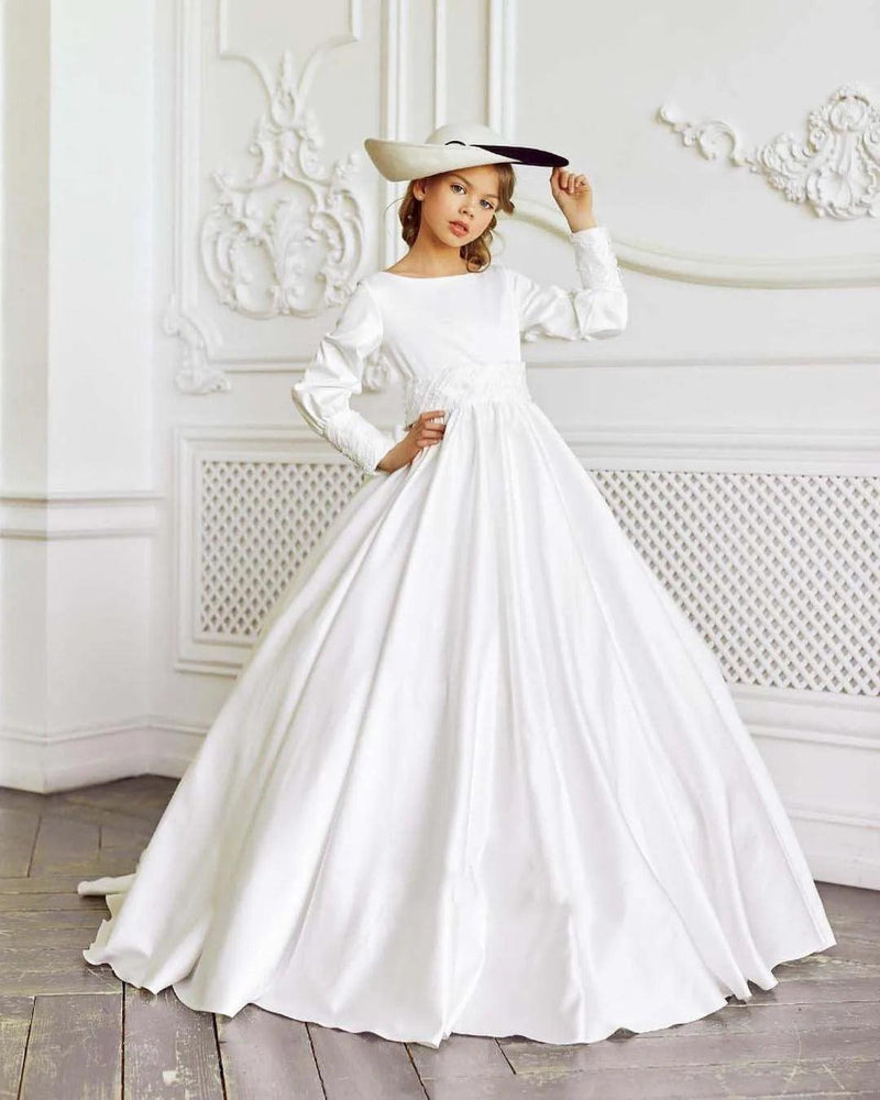 White Elegant Flower Girl Dress for Wedding Satin Floor Length Full Sleeves Kids First Communion Pageant Party Birthday Gown