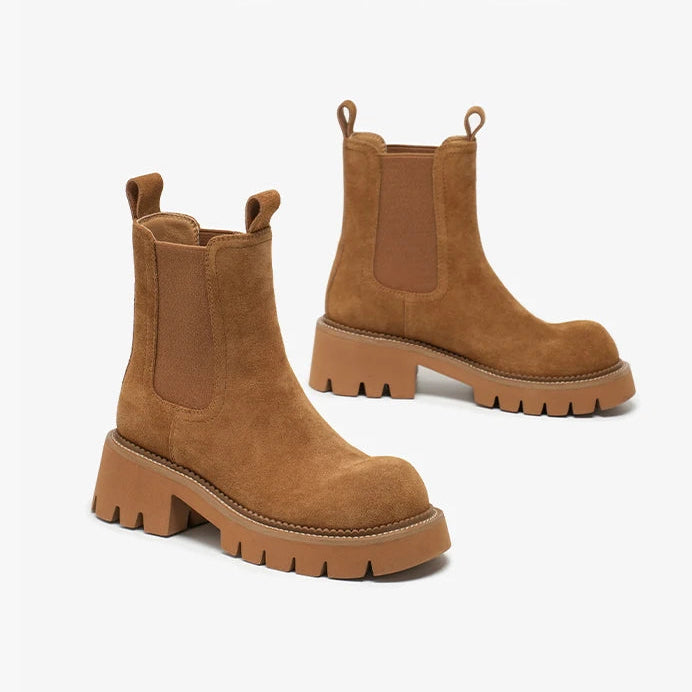 Women’s Cow Suede Platform Chelsea Ankle Boots – Round Toe with Elastic Band and Stitching Design