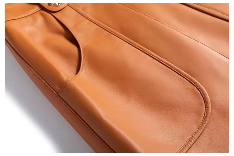 Fashion New Genuine Leather Office Lady for Women Sheepskin Elastic Waist Wrap Long Faldas Mujer Mid Length Front Slit Pocket