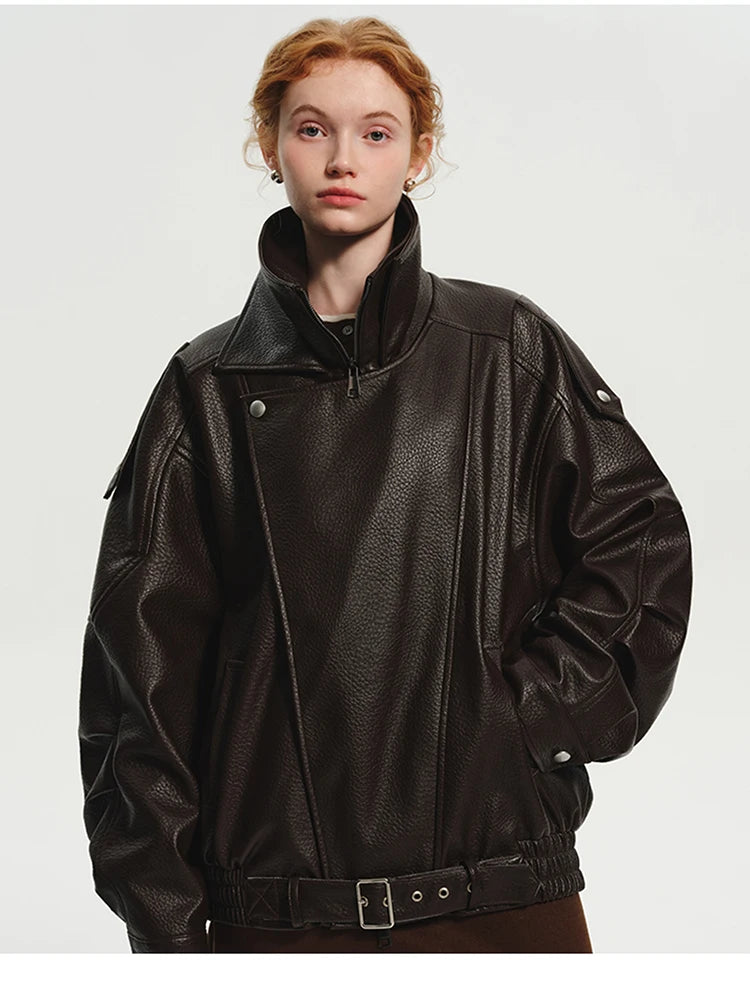 Women’s Oversized Brown PU Leather Jacket – Retro American Style, Long Sleeve Zip-Up, Luxury Designer-Inspired Outerwear for Spring & Autumn