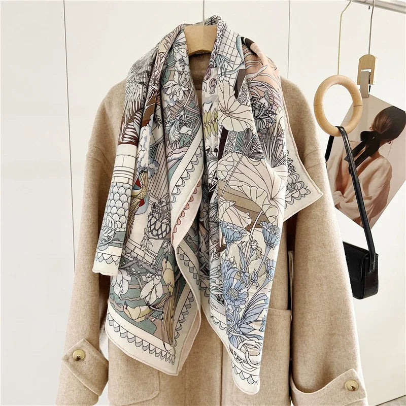 Women’s Large Square Wool & Silk Blanket Scarf – Double-Sided Printed Shawl Cape, 130×130cm