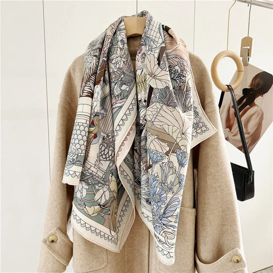 Women’s Large Square Wool & Silk Blanket Scarf – Double-Sided Printed Shawl Cape, 130×130cm - HER SHOP