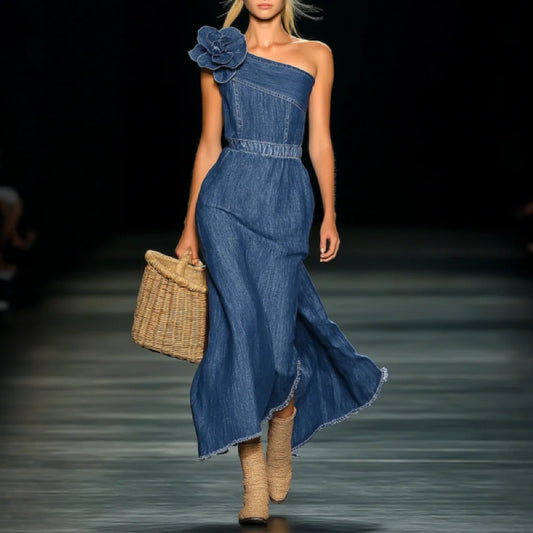 Elegant Strapless Denim 3D Floral Maxi Dress for Women, Beach Wedding Party Long Gown with Split Side - HER SHOP