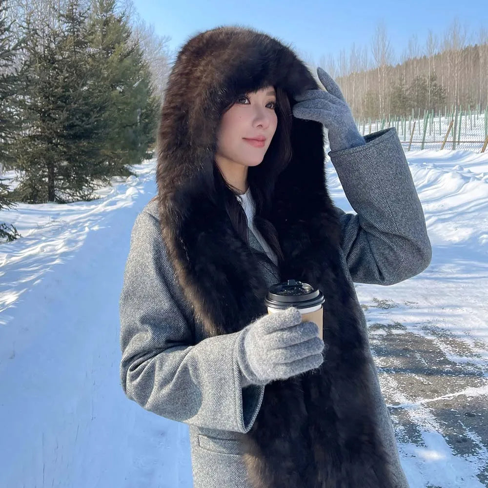 2025 Lady Real Sable Fur Hat Scarf Winter Warm Fluffy 100% Natural Sable Fur Hat Scarves Women Knitted Genuine Fur Cap Shawl