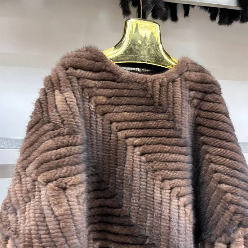 Women’s Real Mink Fur Knitted Cape – Luxury Striped Pullover Fur Coat with Tassel Trim, Warm & Elegant Overcoat