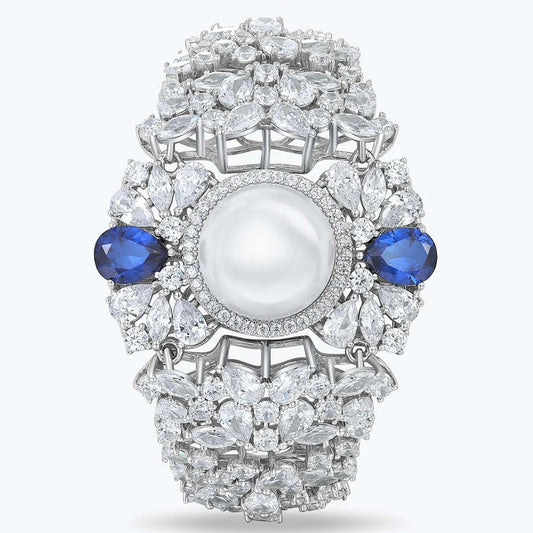 Luxury silver ring with pearl and sapphires, featuring wuha brand logo. - HER SHOP