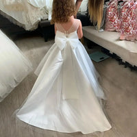 Simple White Flower Girl Dress – Satin A-Line Tulle Gown with Bow