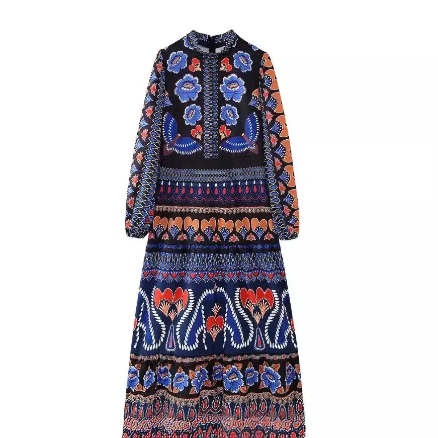 Women's Long Sleeve Printed Dress Stand Collar European And American Style Fashion Clothing Fast Selling Exclusive Model