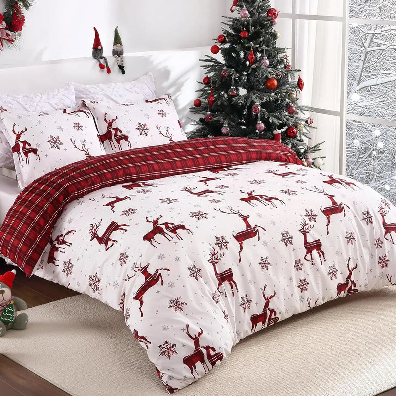 Merry Christmas Duvet Cover Set – Red Bedding with Elk and Snowflake Design, Perfect for Holiday Bedroom Décor and New Year Gifts