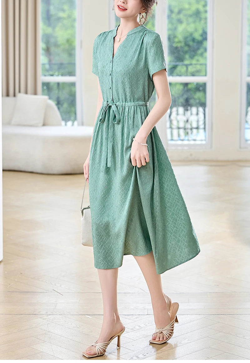 19 Momme Real Silk Elegant Fashion Dresses For Women 2026 Summer V-neck Short Sleeve Drawstring Office Lady Long Dress A-line