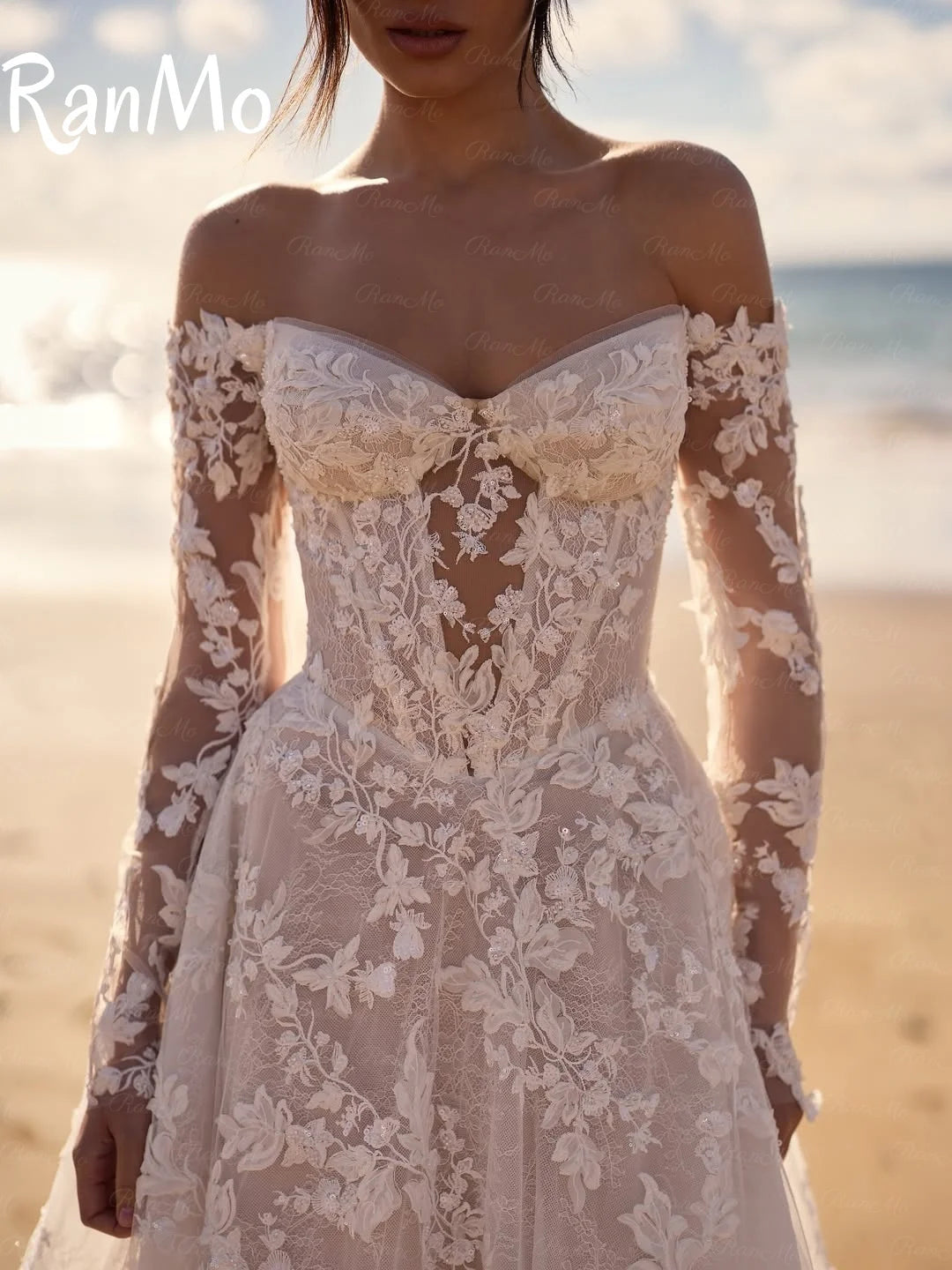 Ranmo New 2025 White A Line Wedding Dress Off Shoulder Long Sleeve Lace Wedding Gowns Luxury Boho Long Bridal Dress Customised