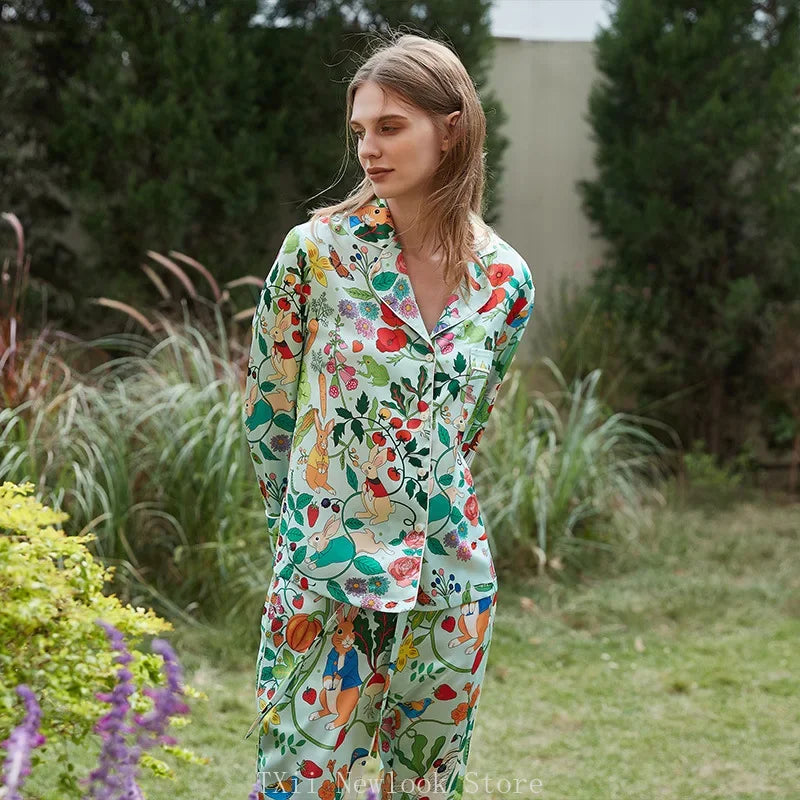 Elegant Pajama Set for Women – Long Sleeve Lapel Home Suit for Spring & Summer