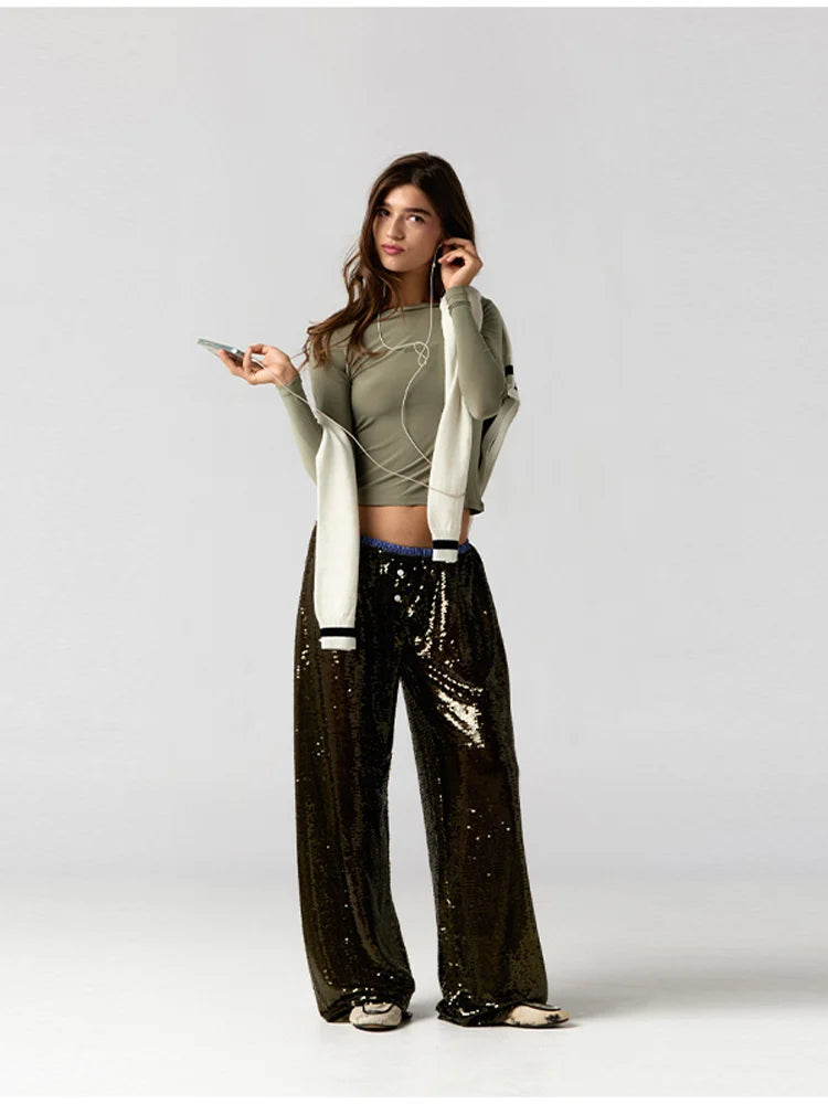 Women’s Premium Sequined Splicing Straight-Leg Pants – High-Waist Casual Commuter Trousers