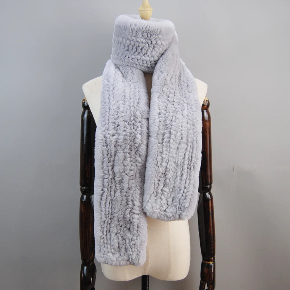 Long Style Genuine Rex Rabbit Fur Scarf– Women's Winter Knitted Ring Scarf & Luxury Muffler