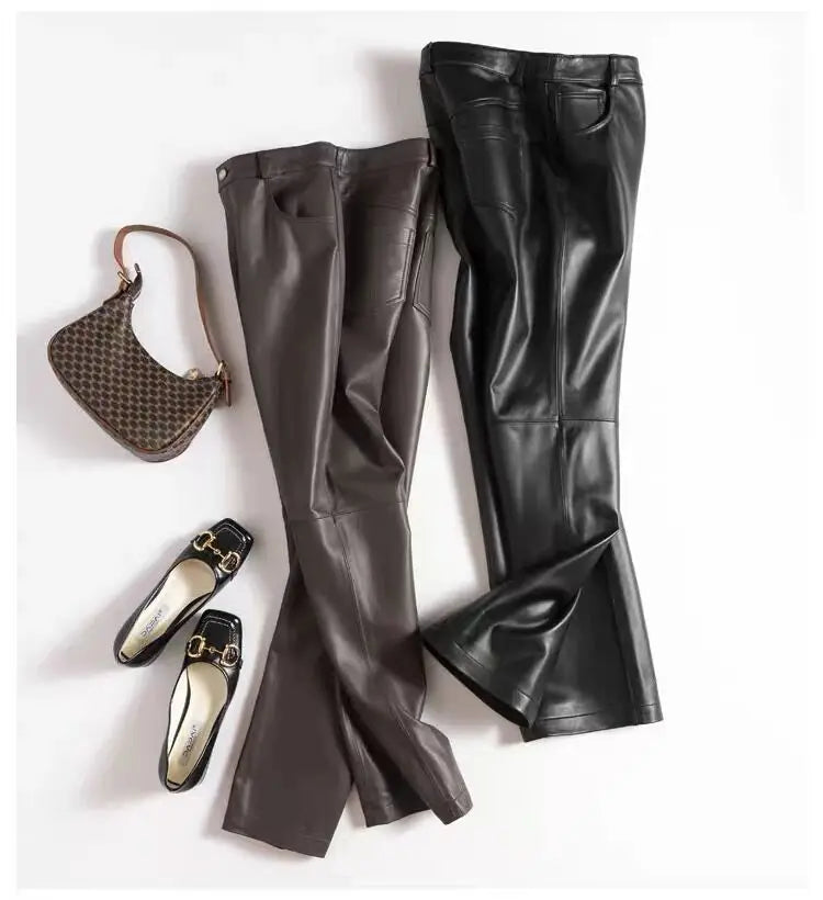 Leather Long Pants Women New Commuter Waist Slim Sheepskin Wide Leg Full Length Straight Cylinder Trousers