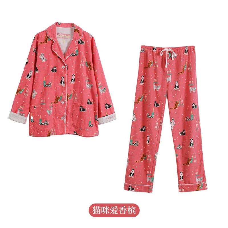 Women’s Cotton Cartoon Pajama Set – Long Sleeve Ankle-Length Pants Autumn Winter Homewear