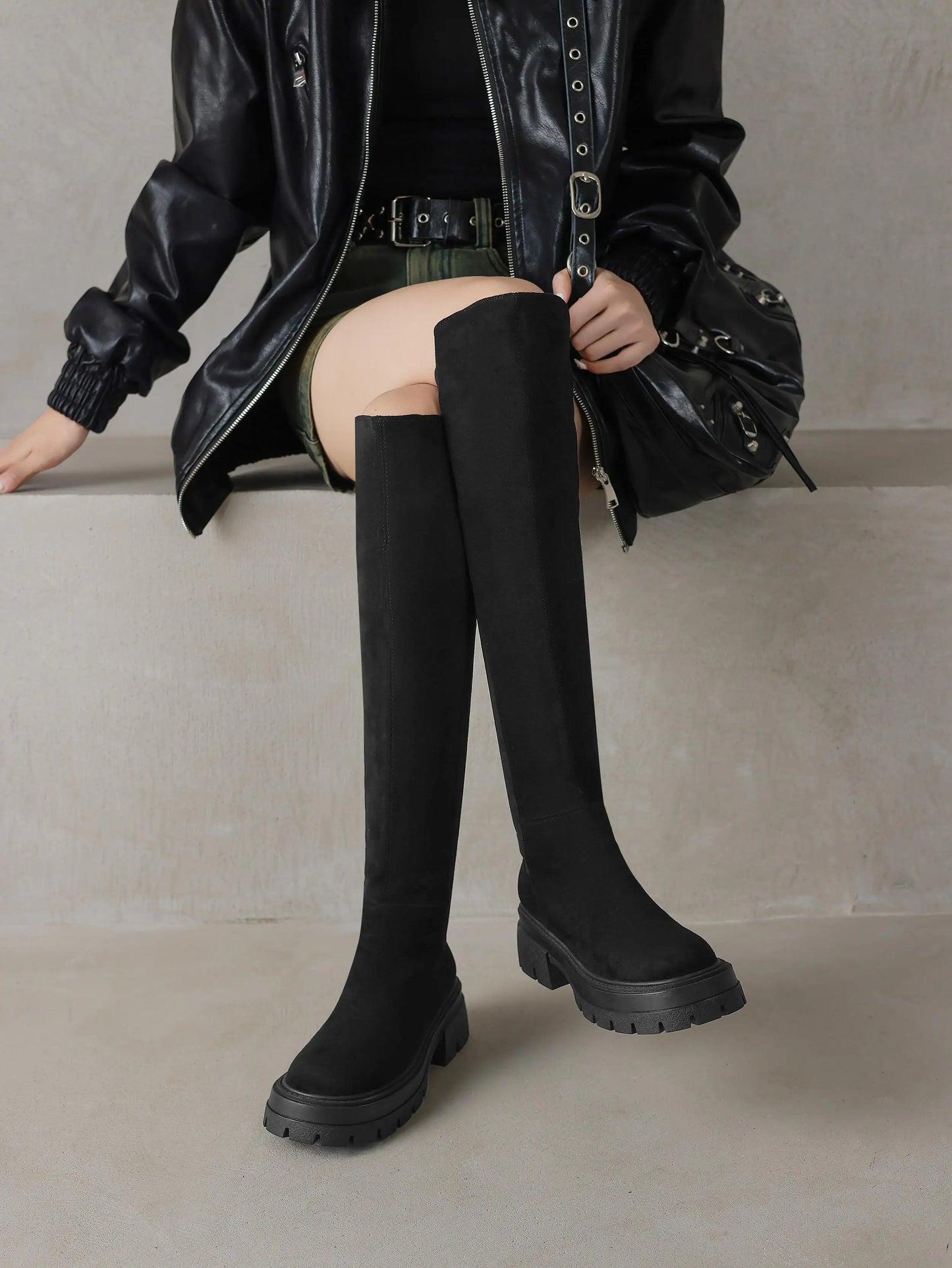 Flock Round Toe Stretch Over-the-Knee Boots with Medium Heels – Elegant, Modern, and Warm Slip-On Style for Leisure and Everyday Chic